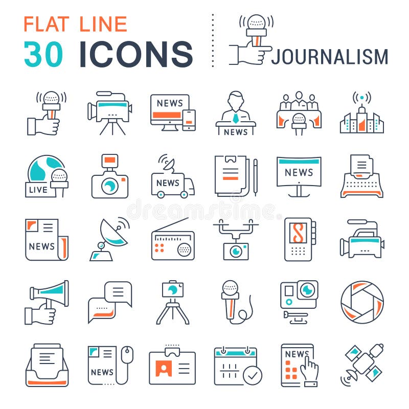 Set Vector Flat Line Icons Journalism vector illustration