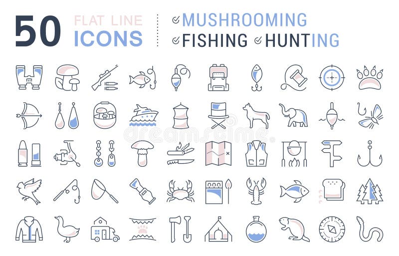 Set Vector Flat Line Icons Mushrooming, Fishing and Hunting