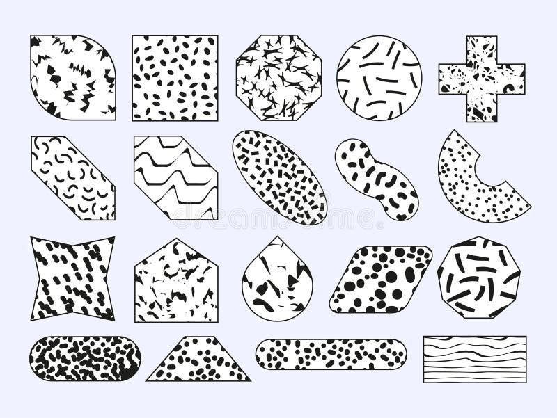 Set of vector geometric memphis shapes. Abstract simple basic shapes with patterns and textures. Set of geometric memphis shapes. Modern design, decorative elements. Vector illustration.