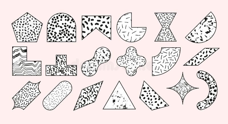 Set of vector geometric memphis shapes. Abstract simple basic shapes with patterns and textures. stock illustration
