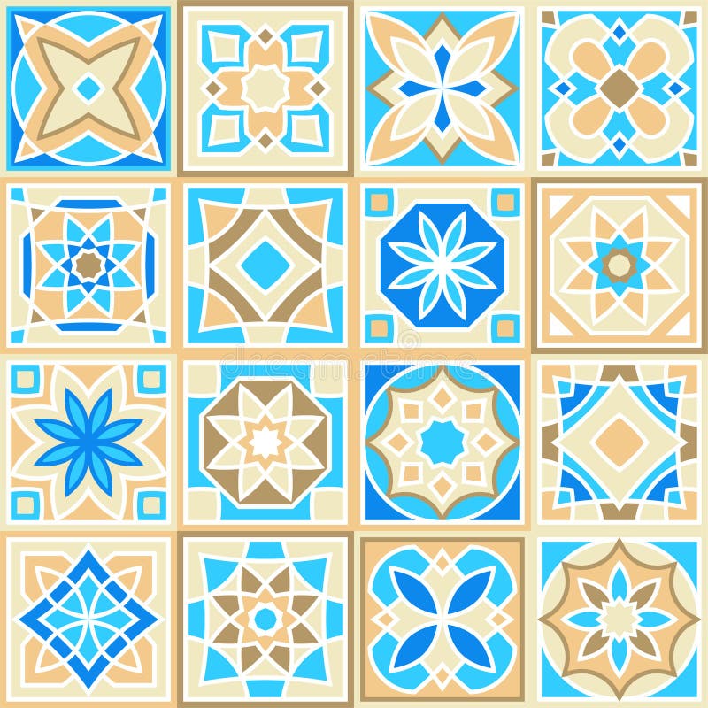 Set of vector hand drawn pattern of square ceramic tile. Ornate patchwork pattern design. Typical Mediterranean floor royalty free illustration