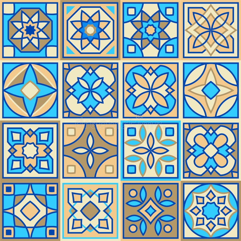 Set of vector hand drawn pattern of square ceramic tile. Ornate patchwork pattern design. Typical Mediterranean floor vector illustration