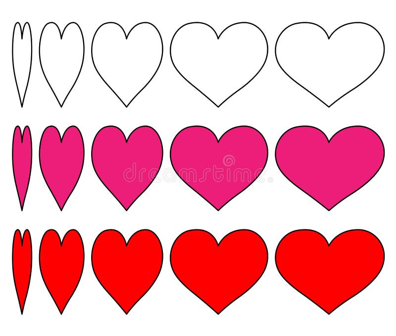 `Set of vector heart icons with a change of outline heart and pink and red hearts surrounded by black.Design the love symbol with royalty free illustration `Set of vector heart icons with a change of outline heart and pink and red hearts surrounded by black.Design the love symbol with royalty free illustration