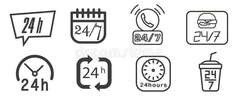 Set of 24 7 vector icons. Icons of shops or delivery services. A simple set of illustrations of around the clock elements stock illustration