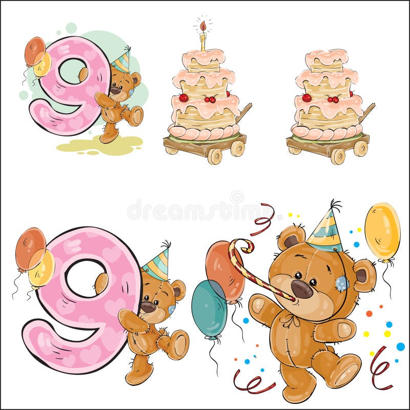 Set of vector illustrations with brown teddy bear, birthday cake and number 9.