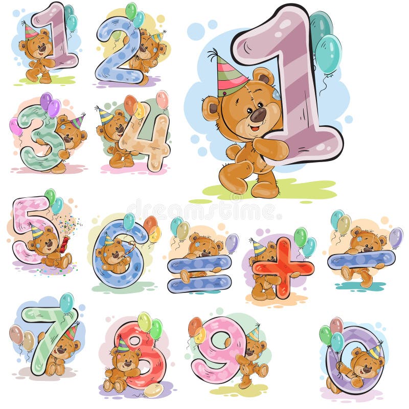 A set of vector illustrations with a brown teddy bear and numerals and mathematical symbols.