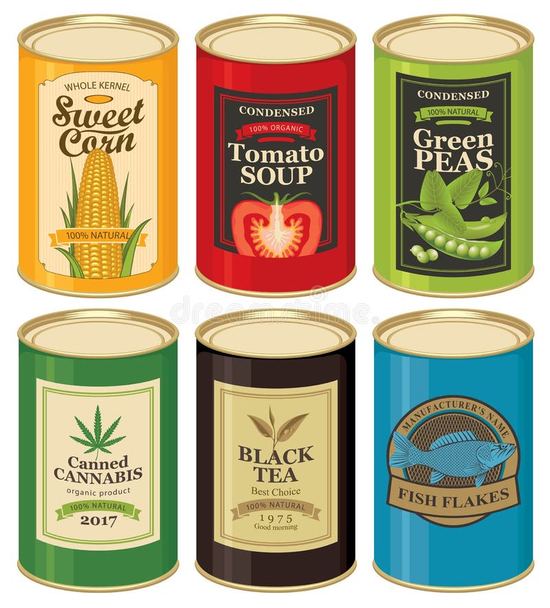 Set vector illustrations of a tin cans with labels stock illustration Set vector illustrations of a tin cans with labels stock illustration