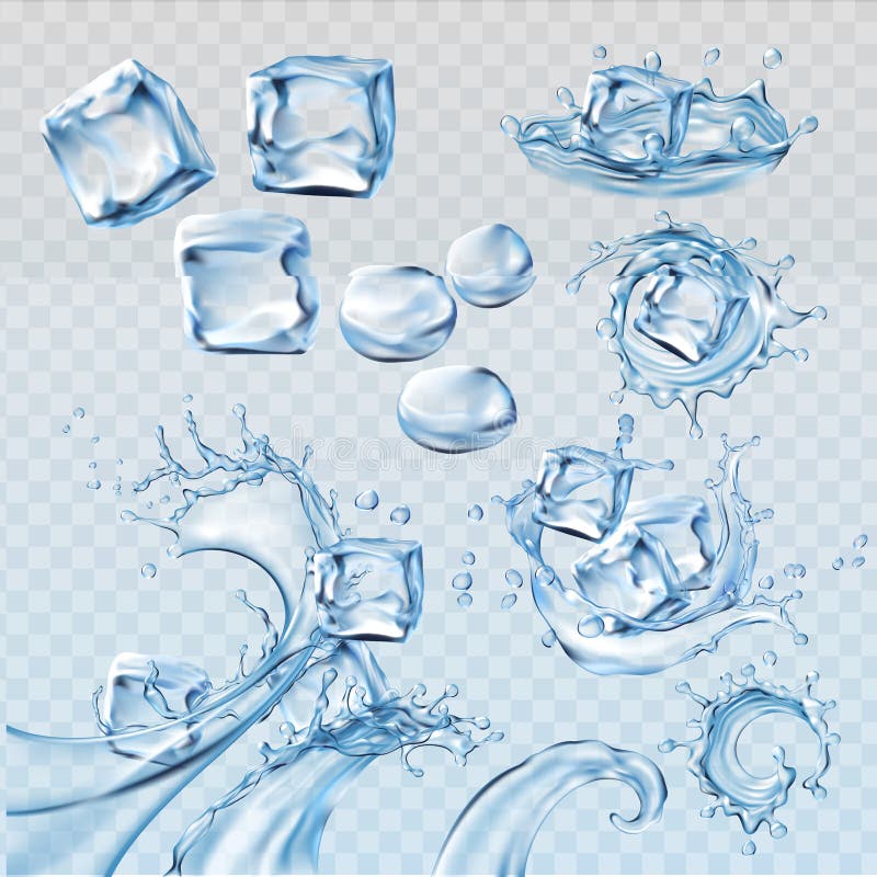 Set vector illustrations water splashes and flows, streams with cubes of melting ice. Design elements. Set vector illustrations water splashes and flows, streams with cubes of melting ice. Design elements