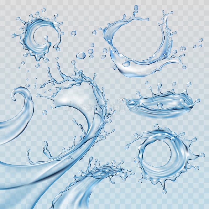 Set vector illustrations water splashes and flows, streams of various shapes. Design elements