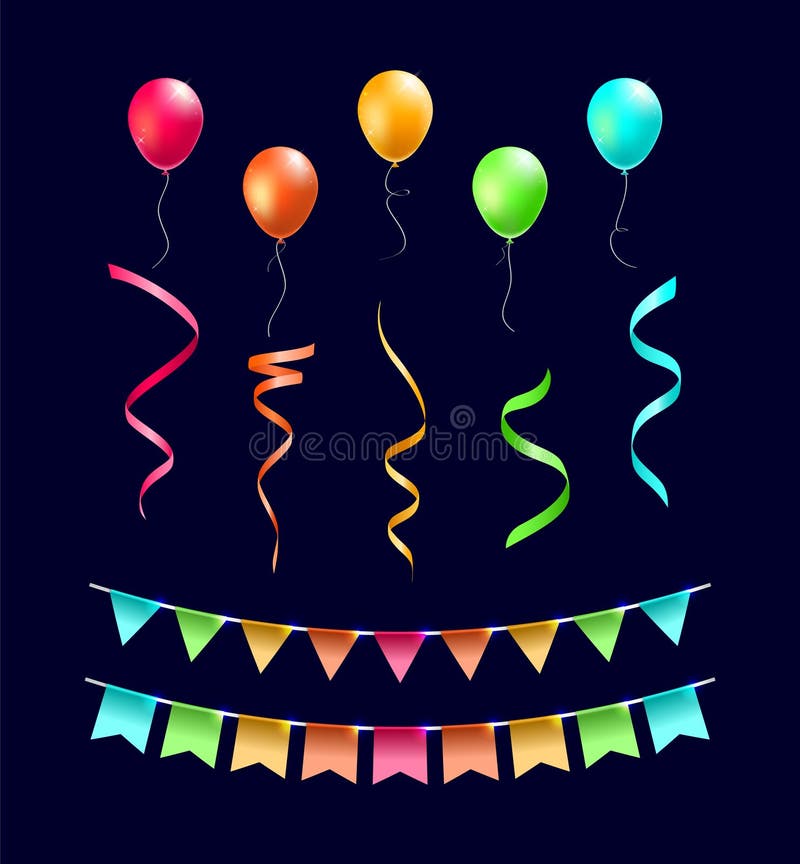 Set of Vector Isolated Party Elements on Black Background Stock Vector