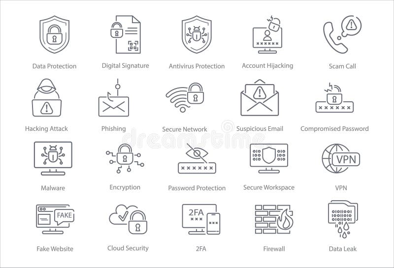 A set of vector line icons related to cyber security and secure data storage. Two-Factor Authentication, Firewall royalty free illustration