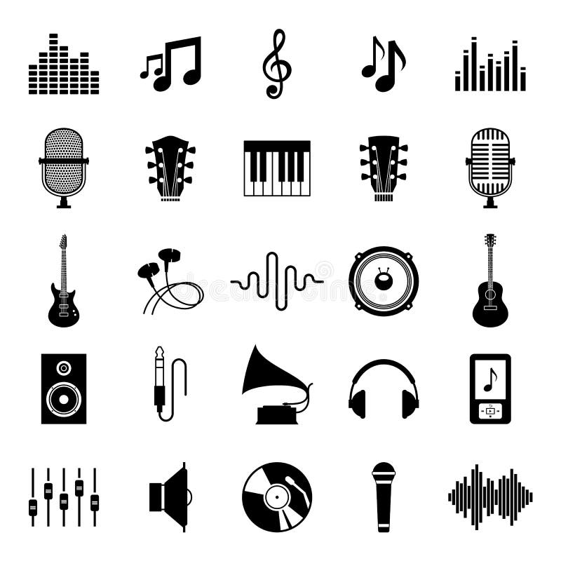 Set of Vector Music Icons on White. Set of vector music icons. Music icons for audio store, recording studio label, podcast and radio station, branding and royalty free illustration Set of Vector Music Icons on White. Set of vector music icons. Music icons for audio store, recording studio label, podcast and radio station, branding and royalty free illustration
