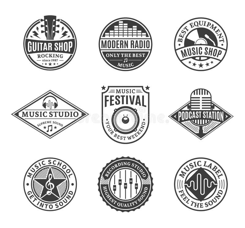 Set of Vector Music Logo, Icons and Design Elements. Set of vector music logo. Music studio, festival, radio, school and shop labels with sample text. Music royalty free illustration Set of Vector Music Logo, Icons and Design Elements. Set of vector music logo. Music studio, festival, radio, school and shop labels with sample text. Music royalty free illustration
