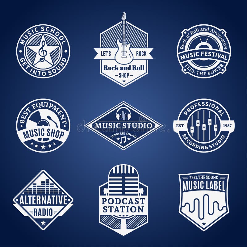 Set of Vector Music Logo, Icons and Design Elements. Set of vector music logo. Music studio, festival, radio, school and shop labels with sample text. Music royalty free illustration Set of Vector Music Logo, Icons and Design Elements. Set of vector music logo. Music studio, festival, radio, school and shop labels with sample text. Music royalty free illustration
