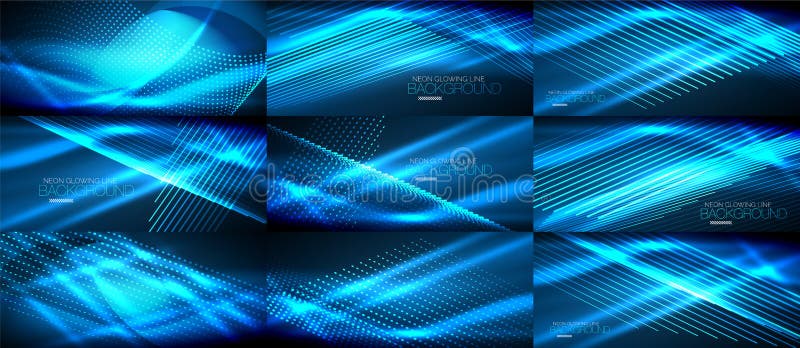 Set of blue neon smooth wave digital abstract backgrounds vector illustration