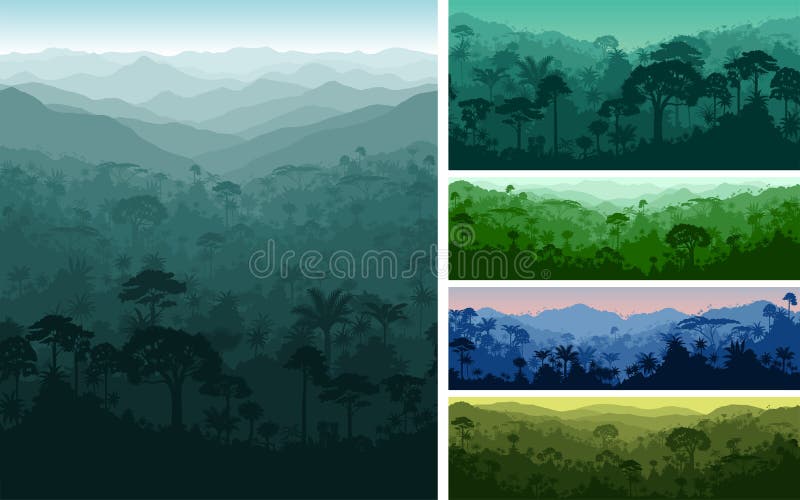 Set of vector philippines horizontal seamless tropical rainforest Jungle backgrounds