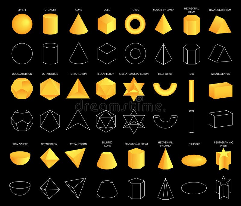 Set of vector realistic 3D yellow geometric shapes isolated on background. Mathematics of geometric shapes, linear objects, contours. Platonic solid. Icons, logos for education, business, design.
