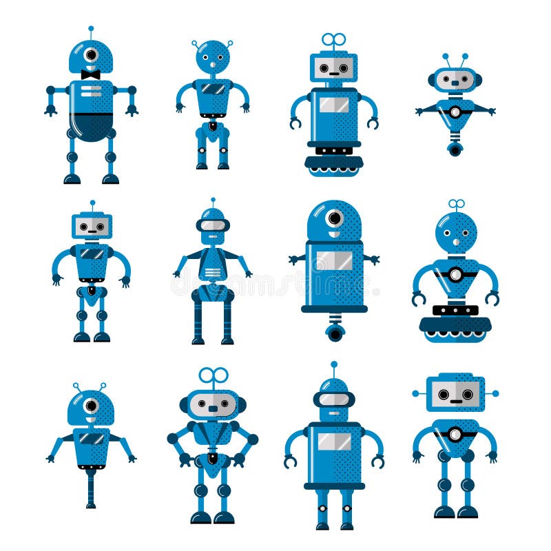 Set of vector robots in flat cartoon style. Cute Cartoon Robotic Character Artificial Intelligence - Concept Flat Vector vector illustration Set of vector robots in flat cartoon style. Cute Cartoon Robotic Character Artificial Intelligence - Concept Flat Vector vector illustration