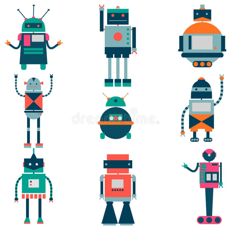 Set of vector robots in cartoon style. Isolated vector robots in a white background stock illustration