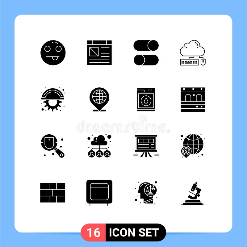 Set of 16 Vector Solid Glyphs on Grid for blades, cloud, layout, mouse, computing stock illustration