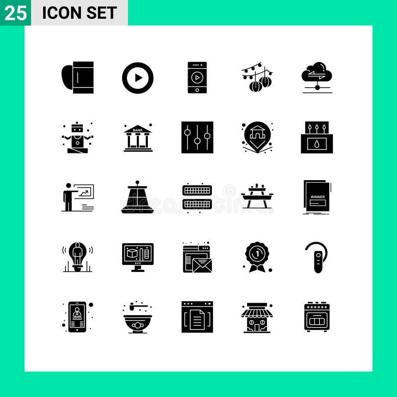 Set of 25 Vector Solid Glyphs on Grid for data, cloud, sound, share, hanging royalty free illustration