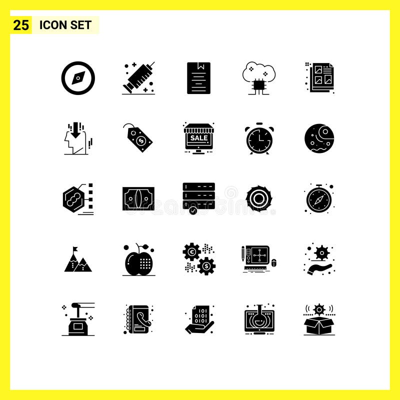 Set of 25 Vector Solid Glyphs on Grid for design, cloud software, education, cloud server, cloud database vector illustration
