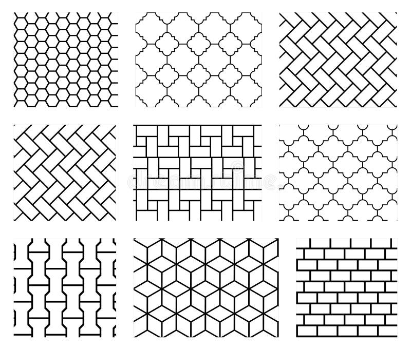 Set of Vector Tile Seamless Patterns in Black and White Stock Vector