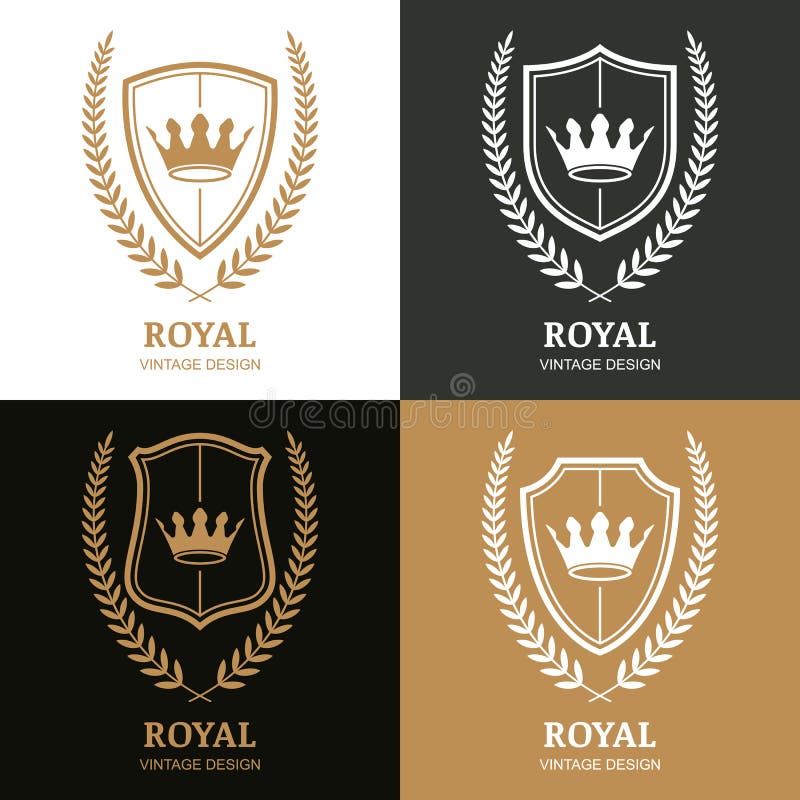 Set of vector vintage logo design template. Crown, shield and laurel wreath. Minimal shield vectors