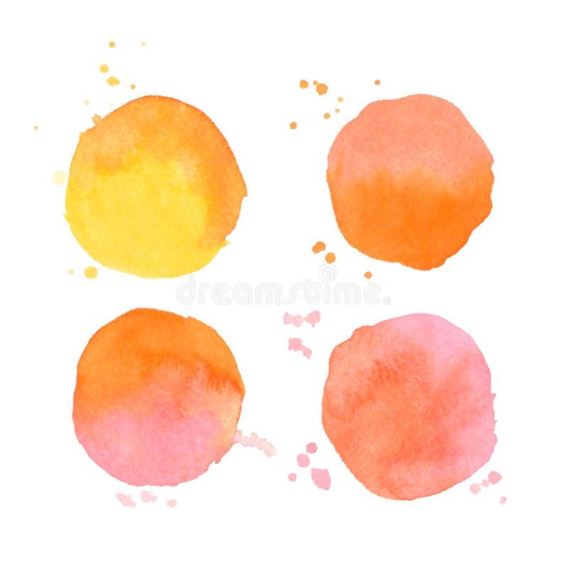 Set of vector watercolor art elements. Colorful orange watercolor round shapes. Splashes stains isolated on white background. Set of vector watercolor art elements. Colorful orange watercolor round shapes. Splashes stains isolated on white background