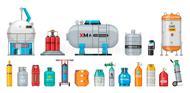 Set of vector gas cylinder. Cylindrical container with liquefied compressed gases with high pressure and valves isolated. Lpg gas-bottle and gas-cylinder. Safety fuel tank of helium butane acetylene. Set of vector gas cylinder. Cylindrical container with liquefied compressed gases with high pressure and valves isolated. Lpg gas-bottle and gas-cylinder. Safety fuel tank of helium butane acetylene