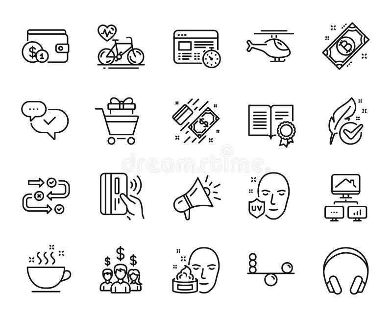 Set vectorial de achiziționare a progresului studiului accesoriu și set de pictograme pentru linia bitcoin. vector vector illustration