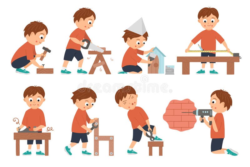 Set vectorial de băieți care fac lucrări de tâmplărie sau lucrări de lemn. royalty free illustration