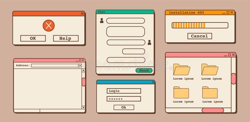 Set vectorial de elemente de interfață pentru utilizatorul de calculator vechi de 90 de ani. dialog estetic cu privire la sistemul stock illustration
