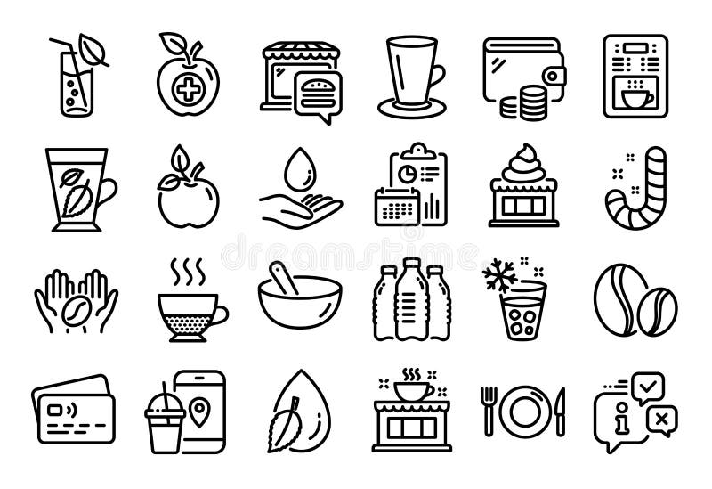 Set vectorial de filtru de cafea de îngrijire a apei și pictograme pentru linii alimentare medicale. vector royalty free illustration