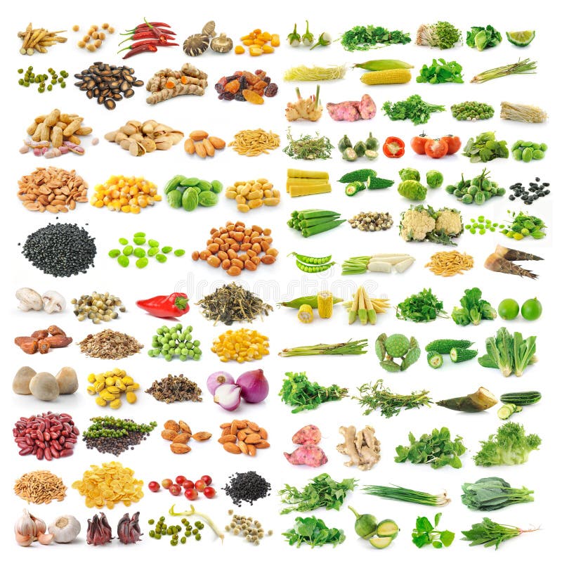 Set of vegetable grains and herbs on white background