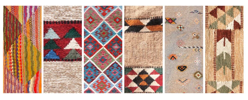 Set of vertical or horizontal banners with textures of berber traditional wool carpet with geometric pattern, Morocco, Africa. Handmade carpets collection. Motley carpets stock images, royalty-free photos and pictures