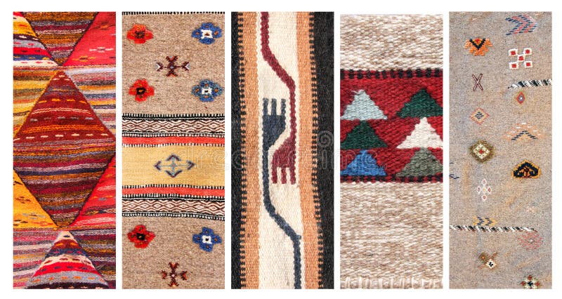 Set of vertical or horizontal banners with textures of berber traditional wool carpet with geometric pattern, Morocco, Africa. Handmade carpets collection. Oriental wool rugs with intricate designs. Motley carpets stock images, royalty-free photos and pictures
