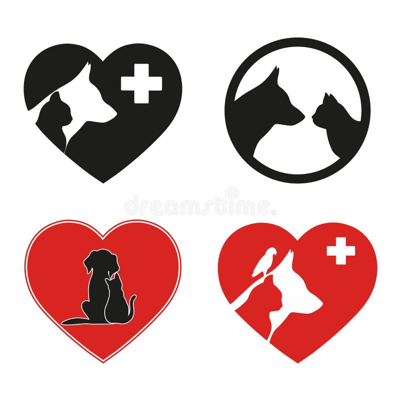 Set Of Veterinary Emblems In Red Heart On White Background Stock Vector
