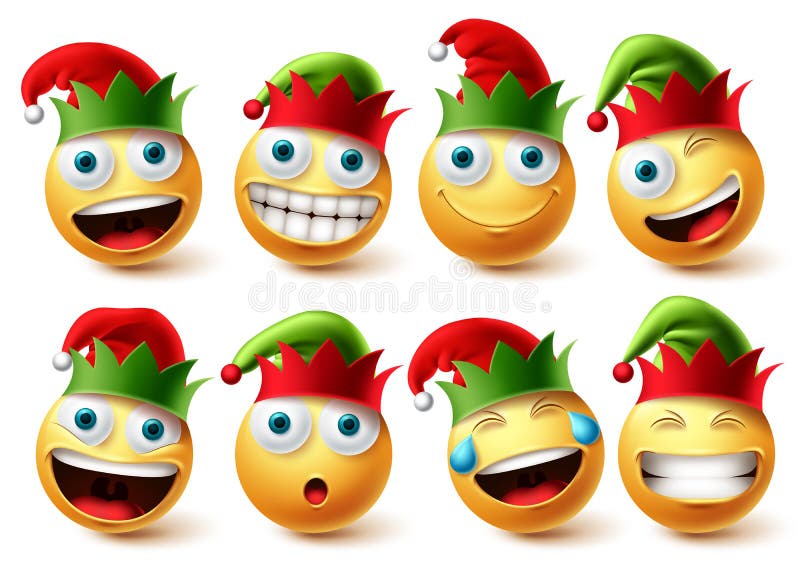 Set vettoriale degli elfs di natale. emojis smiley indossa una colletta di elfo cappello isolata su fondo bianco