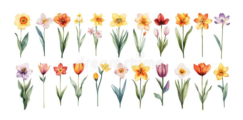 Set vettoriale di acquerello per fiori primaverili. i petali di buccia calcarea i daffodils tulipes narcissus crocuses primroses g illustrazione vettoriale