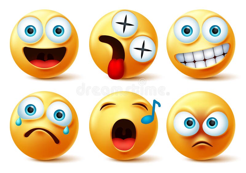 Set vettoriale di Smiley emoji Sorrisi emoticon o emoticon volti carini con volti felici, vertiginosi, cantanti, arrabbiati, sorp