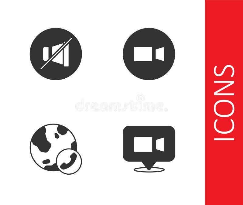 Set Video Chat Conference, Mute Microphone, and Icon. Vector Stock
