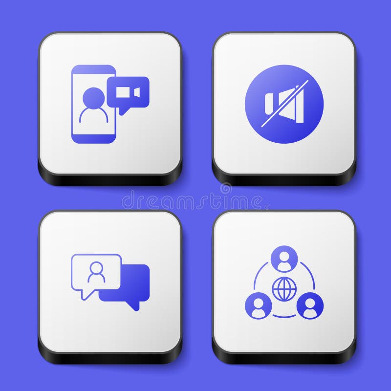Set Video Chat Conference, Mute Microphone, Speech Bubble and Meeting Icon. White Square Button