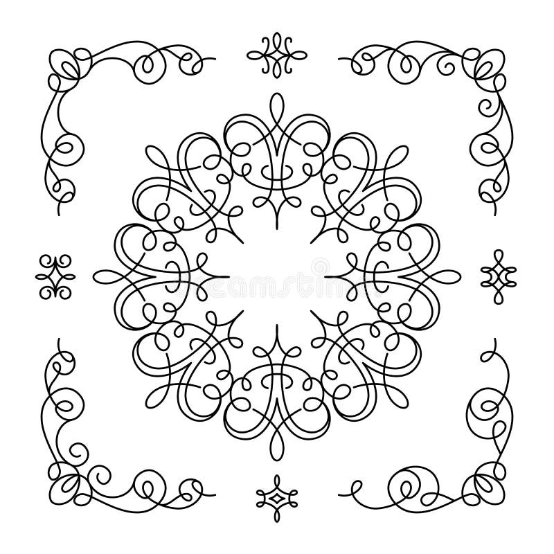 Vintage calligraphic corners and vignettes, set of decorative design elements in retro style, scroll embellishment on white. Vintage calligraphic corners and vignettes, set of decorative design elements in retro style, scroll embellishment on white