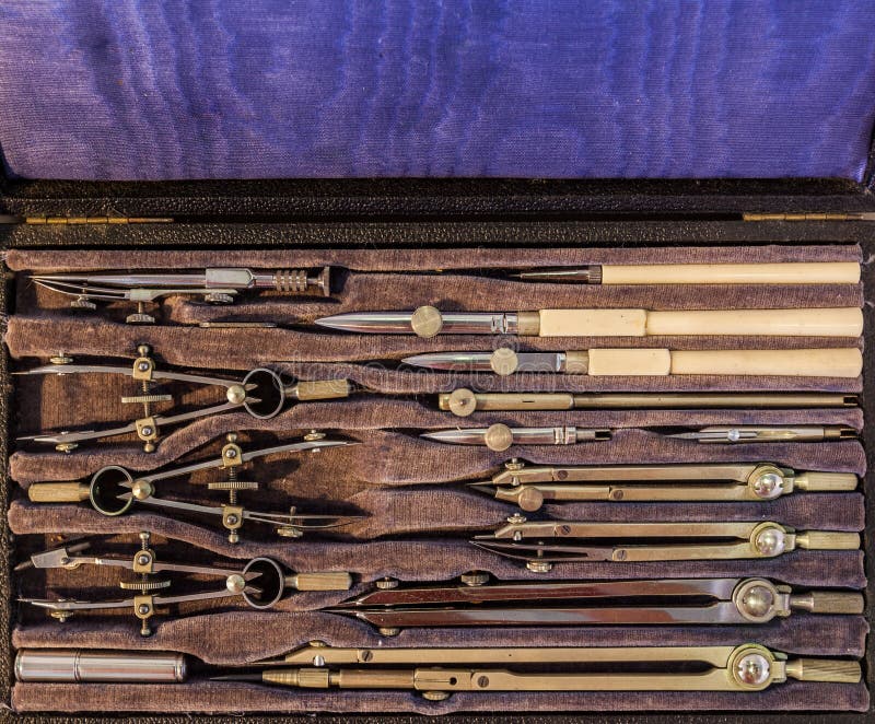Set of vintage drawing instruments - top view closeup. stock image