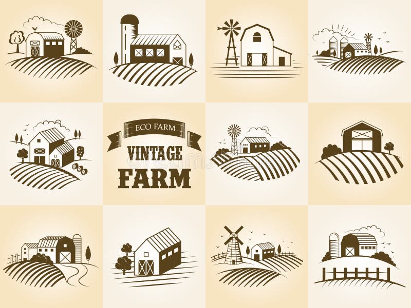 Set of vintage eco farm label, landscapes, buildings, fileds. Retro woodcut style vector illustration. royalty free illustration Set of vintage eco farm label, landscapes, buildings, fileds. Retro woodcut style vector illustration. royalty free illustration