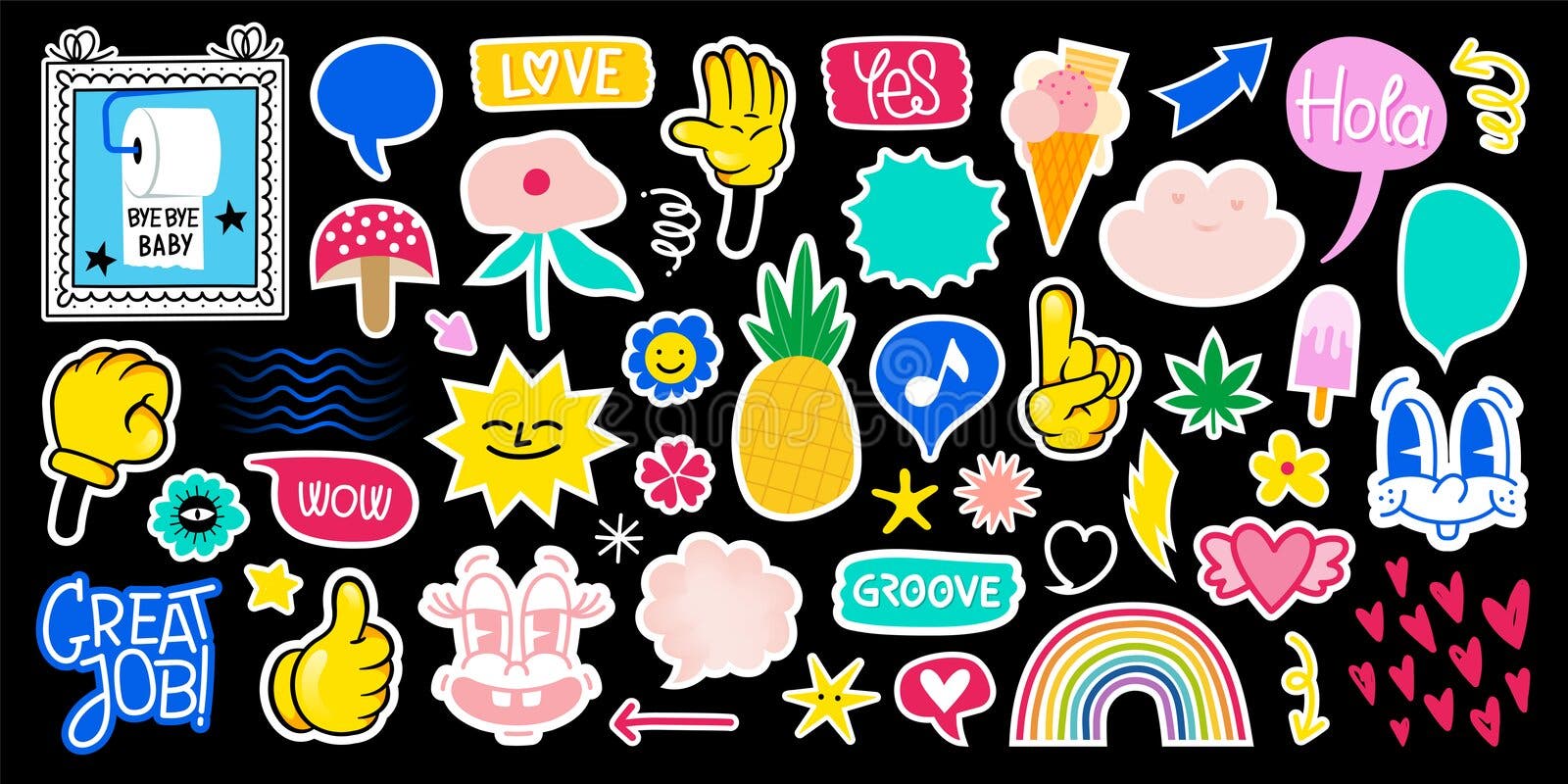 Set of vintage groovy characters and elements for sticker design or general decoration. Retro character,50s style. Vintage funny stickers set royalty free illustration Set of vintage groovy characters and elements for sticker design or general decoration. Retro character,50s style. Vintage funny stickers set royalty free illustration