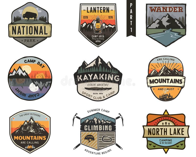 Premium Vector  Vintage mountain camp badges logos set, adventure patches.  hand drawn stickers designs bundle. travel expedition, backpacking labels.  outdoor hiking emblems. logotypes collection. stock vector.