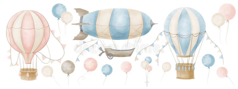 Set of vintage Hot Air Balloons. Watercolor hand drawn illustrations with airships and dirigible in cute blue and pink