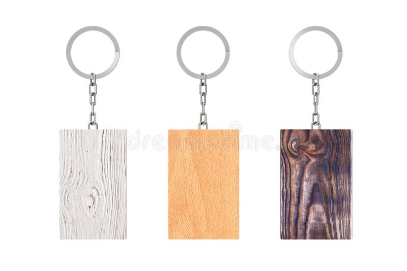 Set of Vintage Keychain with Wooden Plank and Empty Space for Your Design. 3d Rendering